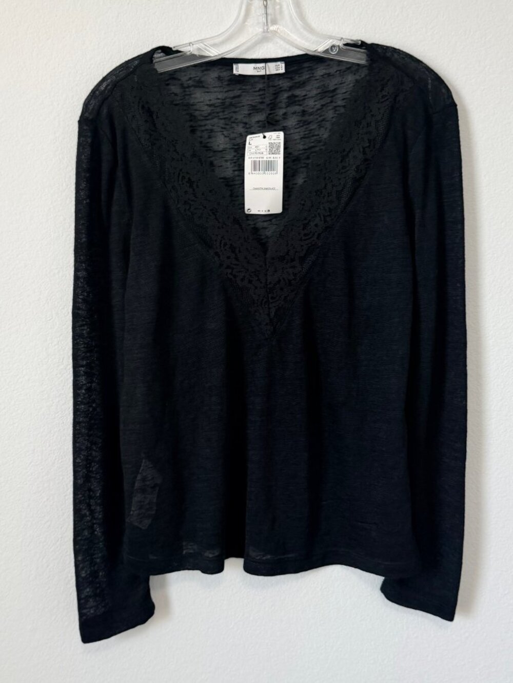 MNG Suit Long Sleeve Lace Trim V-Neck Sheer Black Blouse Women's Size M